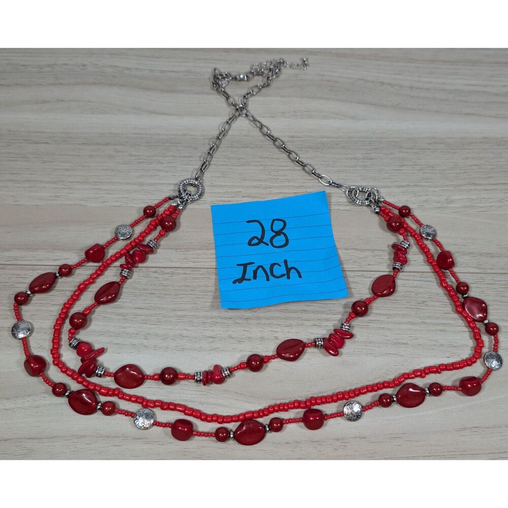 Chico’s Red Multi Strand Beaded Necklace Silver Tone Boho 28 Inch